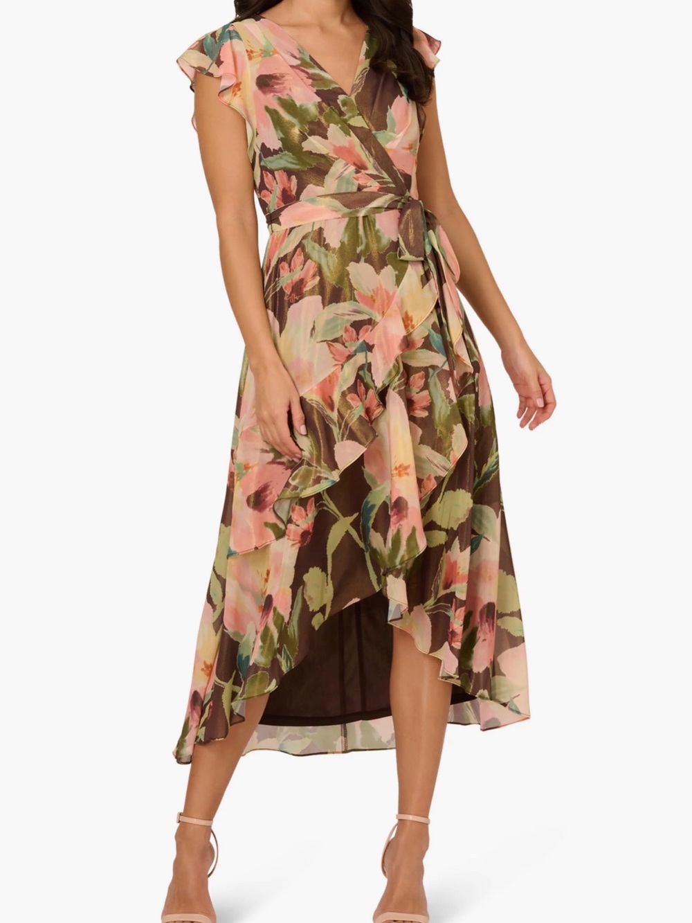 Adrianna Papell Floral High-Low Wrap Dress in Brown, Pink and Green